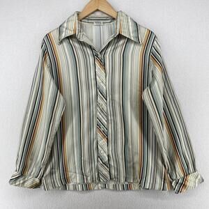 TERRY CHICAGO Blouse L Striped Shirt Button Up Work Gray Vintage